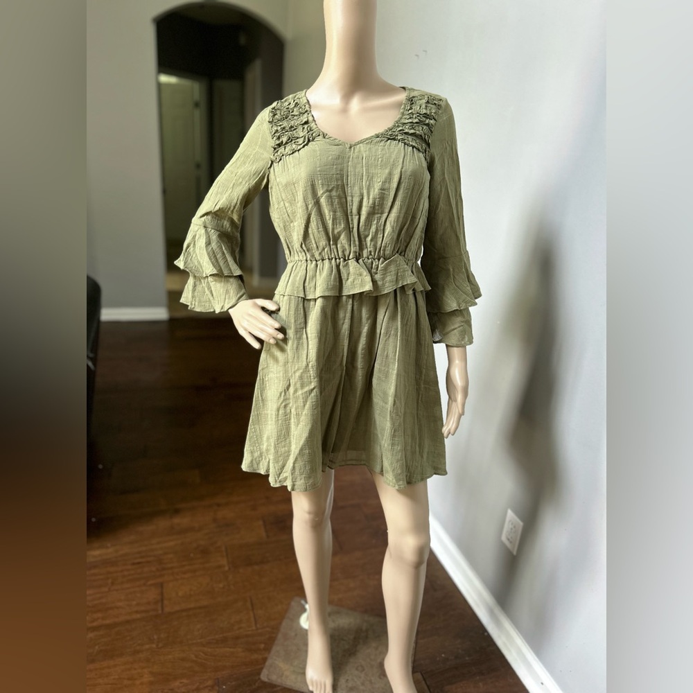 Chelsea & Violet Olive Green Ruffle Sleeves Dress